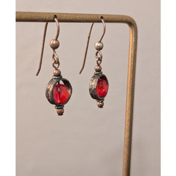 925 Sterling Red Crystal Bead Dangle French Wire Earrings - Picture 2 of 5